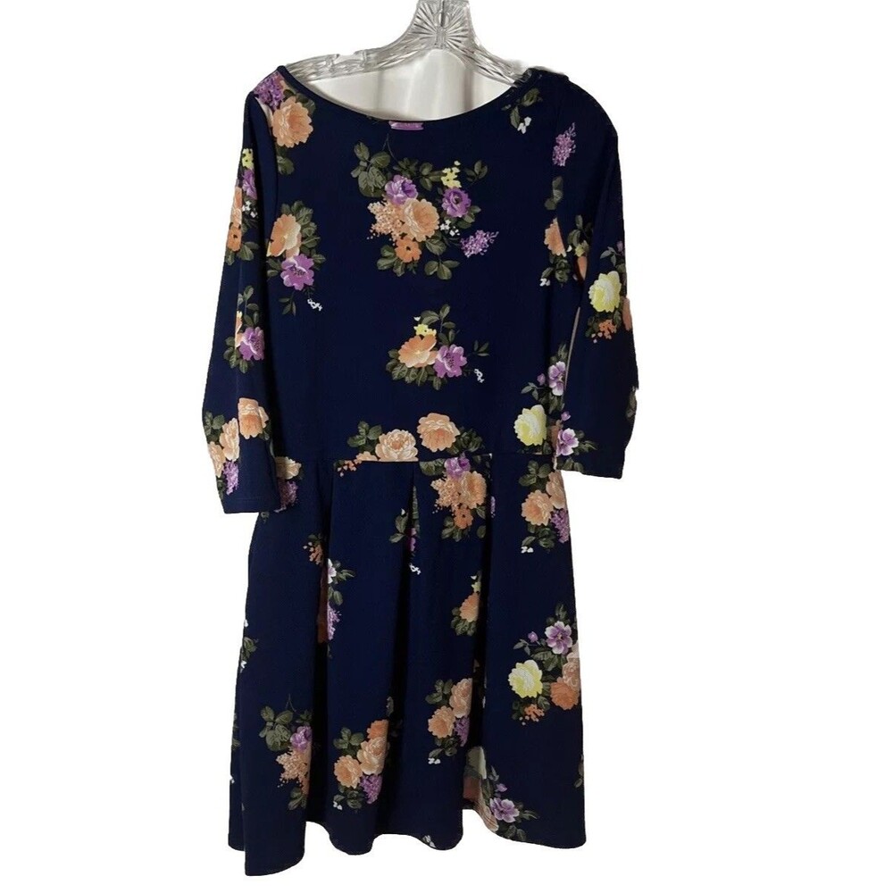 24seven Comfort Apparel Women’s Floral Navy Blue Fit&Flare Dress Size L Boho